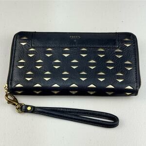 Fossil Logan Zip Around Wallet Black Leather Wristlet Perforated Gold Triangles